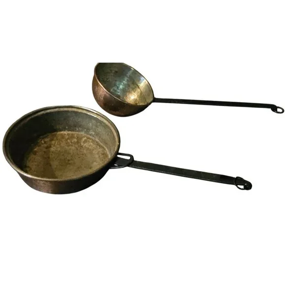 Antique Large Hand Forged French Copper Pots With Brass Handles 23