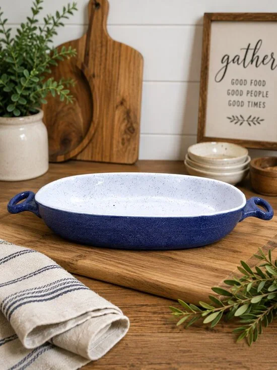 Large Blue Speckled Stoneware Oval Baker Serving Dish Casserole Handles 16.25