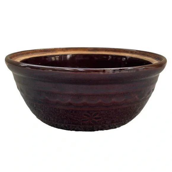 Vintage MarCrest Pottery Brown Stoneware Floral Mixing Bowl Antique Home Decor