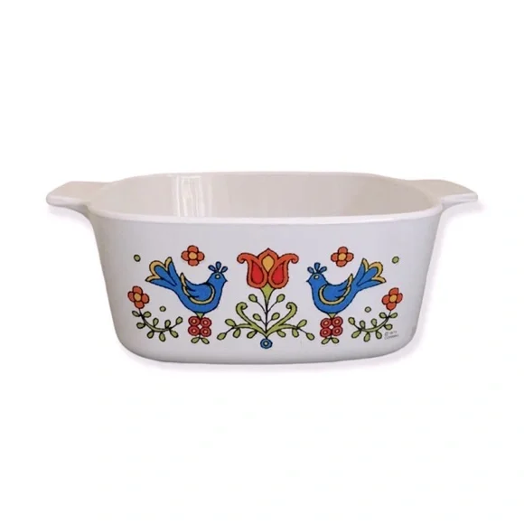 Vintage 70s Corningware Country Festival Baking Dish - birds floral friendship