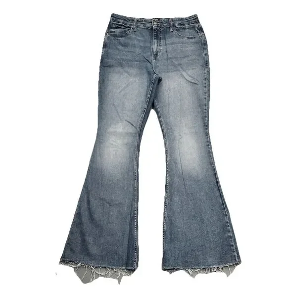 Lee High Rise Flare Jeans 12 (31x30) Medium Blue Denim Stretch Raw Hem Womens