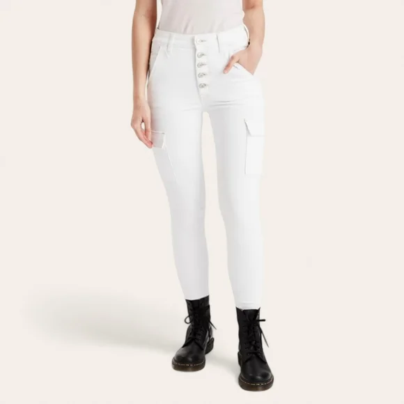 American Eagle Women’s Cargo Button Fly Next Level High Waist Jeans Sz 10 White