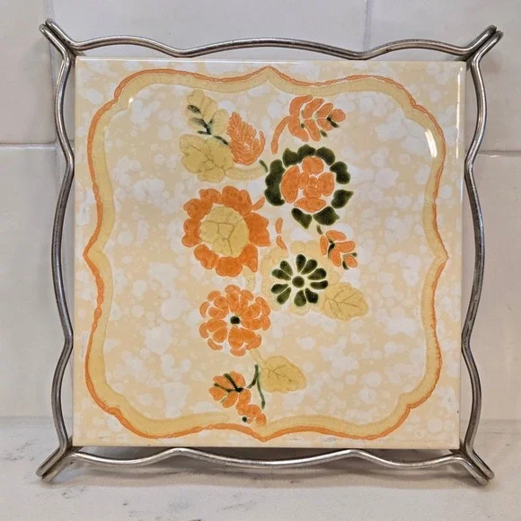 Vintage Semigres Italy Ceramic Floral Tile Trivet Chrome Stand Orange Green