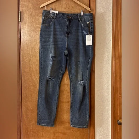 Grace & Lace Dark Blue Slim Straight Distressed Jeans