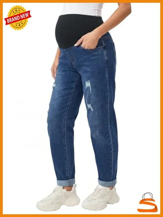 Over Belly Maternity Jeans Ripped Denim Adjustable Waistband