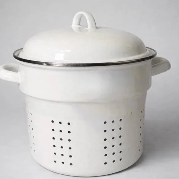 Vintage White Enamel Steamer Pot with Lid - Kitchen Cookware