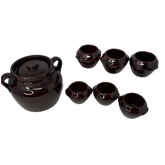 Vintage USA Brown Bean Pot Set 7 Pc Stoneware Crock Soup Bowls w Lid Handles