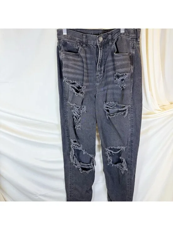 American Eagle Mom Jeans Black/Gray Denim Jeans Cotton Distressed Size 4 Reg