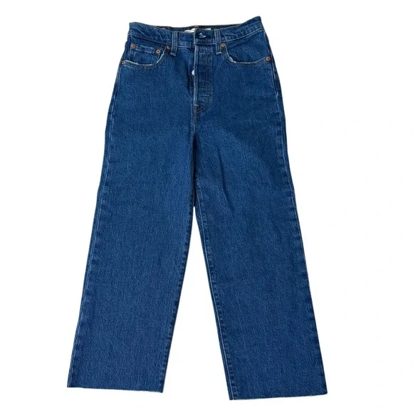 Levi's Ribcage Straight Fit Ankle Jeans Women's 25 Blue High-Rise‎ Raw-Hem Denim