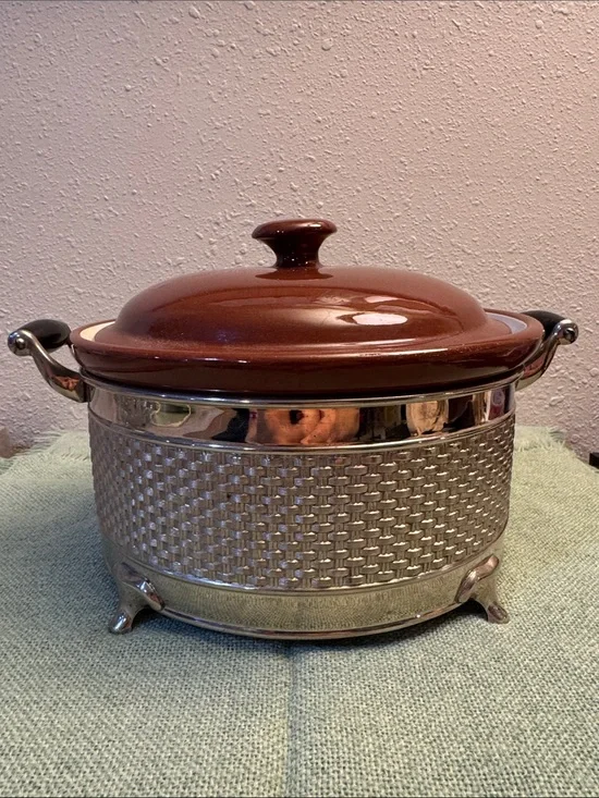 Classic Vintage Casserole Ceramic Crock with lid and Silver-tone Metal Base