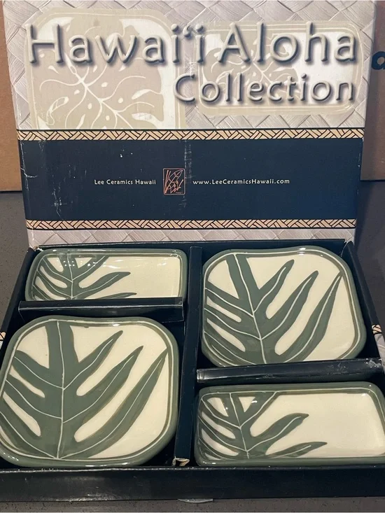Lee Ceramics Handmade Hawaii Aloha Collection 4Piece Ceramic Dish Set Green Fern