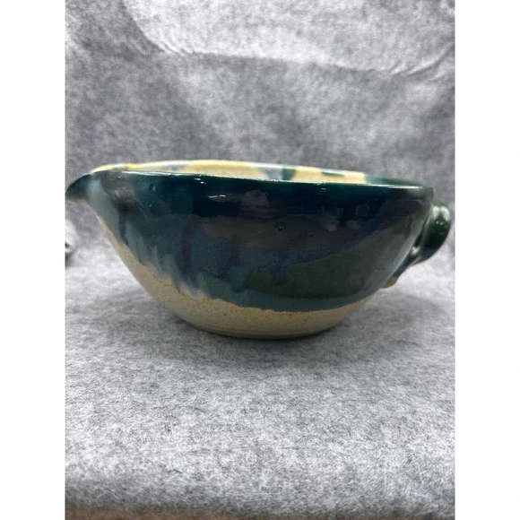 Handmade Studio Pottery Batter Bowl Green Blue Drip Glaze Signed Spout Handle