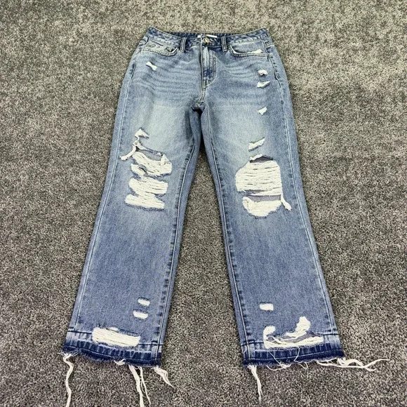 Flying Monkey Jeans Womens 27 Blue Cropped Straight Distressed Fringe Hem