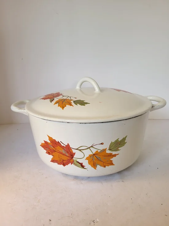 1960s Descoware Enamel Cast Iron Covered 4qt Dutch Oven Autumn Leaves