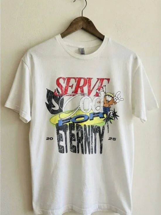 Gildan White Graphic 'Serve God For Eternity' Short Sleeve Tee | Unisex Shirt