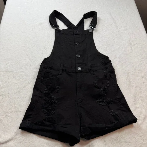rue21 Shortall Women Size 12 Black Good Distressed Denim‎ Button Front Overalls