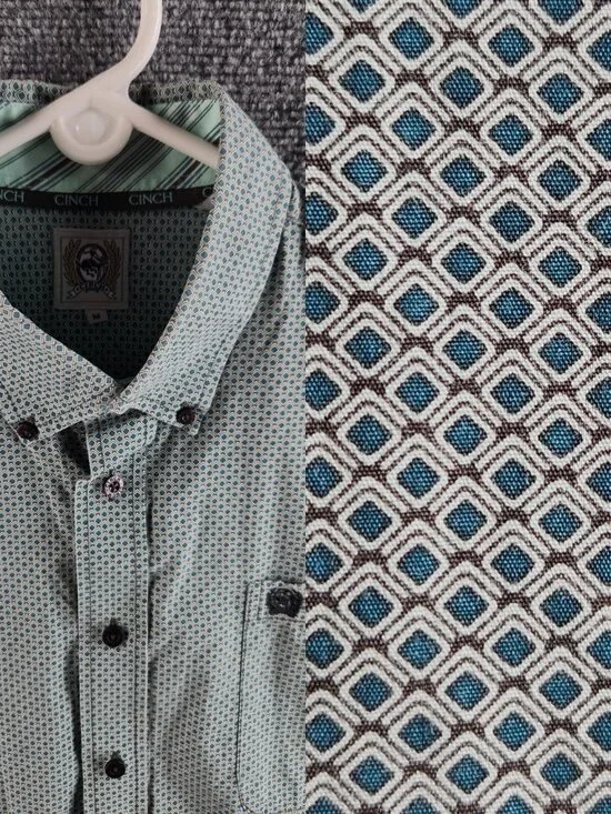 Cinch Medium Button Up Shirt Long Sleeve Geometric Green Blue Western Cotton Men