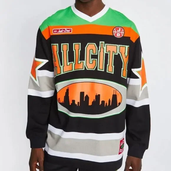 Just Don All City Hockey Jersey Cotton Long Sleeve Shirt Black Mens Size XL