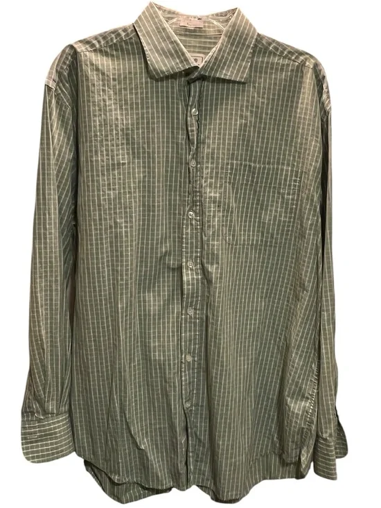 Peter Millar 100% Cotton Olive Green Pinstripe Button-Down Shirt