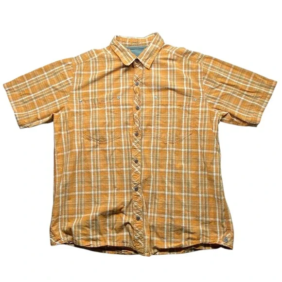 REI Mens XL Plaid‎ Short Sleeve Button Up Shirt Casual Outdoor Work Beige Orange