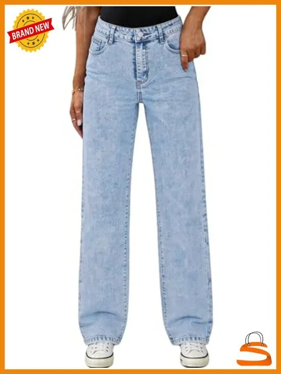 High Waisted Straight Leg Jeans - Stretchy Denim Pants