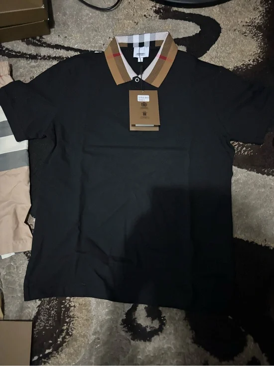 Burberry Black Polo with Signature Beige Check Collar
