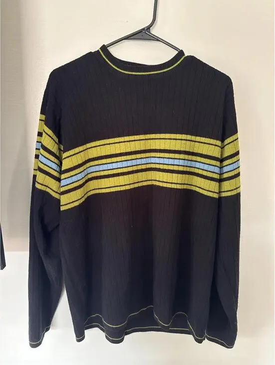 Vintage Unionbay Mens M/L Ribbed Knit Sweater Black Yellow Stripe Y2K 90s