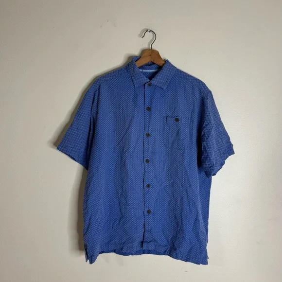 Tommy Bahama Shirt Mens L silk cotton Blue Hawaiian Button Up Short Sleeve