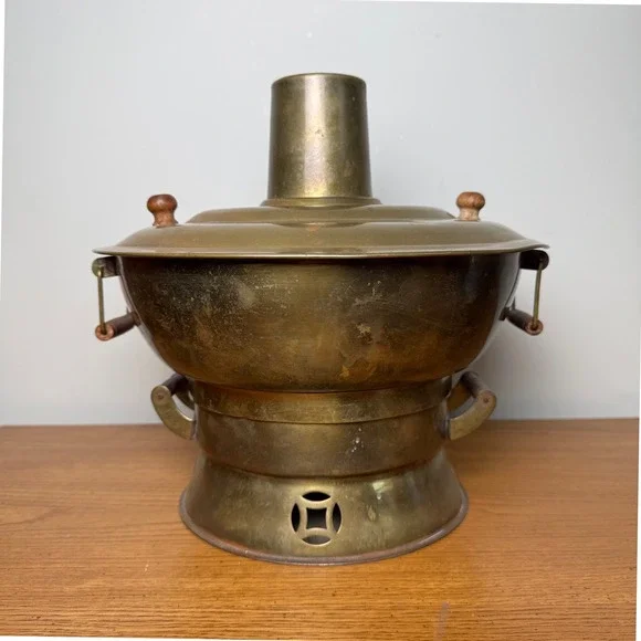Vintage Tibetan Brass Hot Pot Stove Wooden Handles Fondue Soup‎ Warmer Steamer