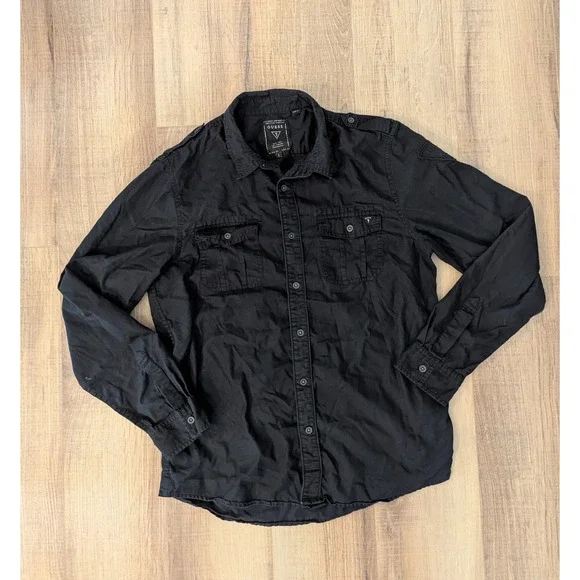 Guess Men's Military Utility Button Up Shirt Black Large Epaulets Cotton