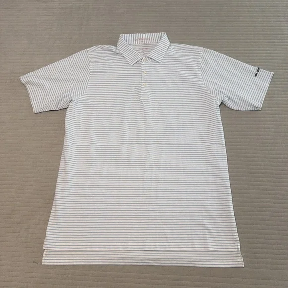 B. Draddy Polo Shirt Men's Large Blue Short Sleeve Golf Stretch Casual Striped