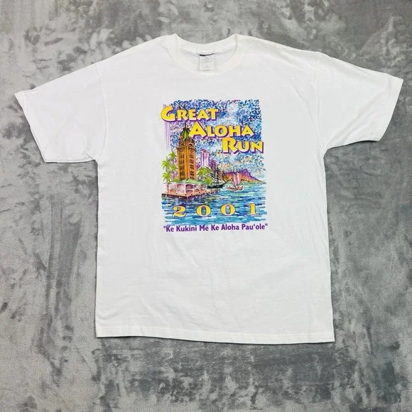 Vtg Great Aloha Run Shirt Mens Medium White 2001 Hawaii Race‎ Tee Runner Y2K