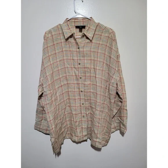 Company Ellen‎ Tracy Linen Shirt Mens Large Beige Plaid Long Sleeve