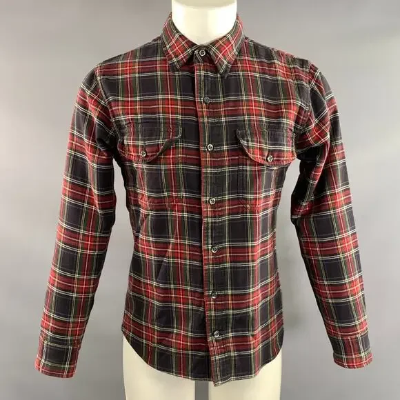 RELWEN Size M Red Blue multi Plaid Cotton Pointed Collar Long Sleeve Shirt