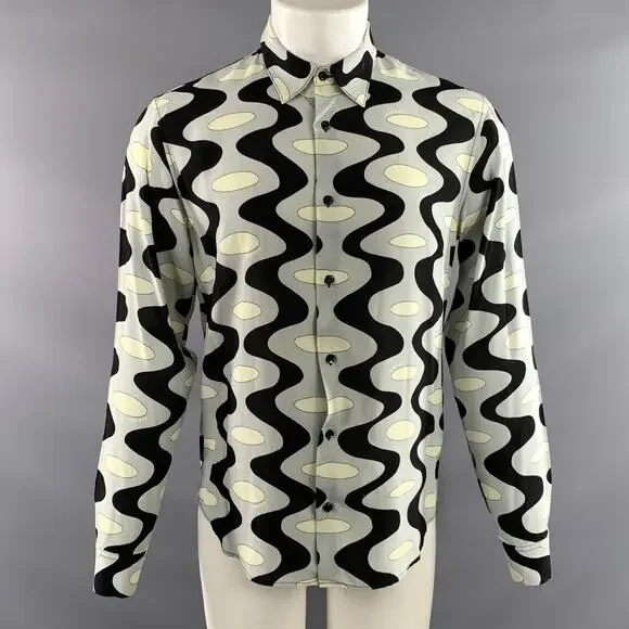SANDRO Size M Black Light Blue Geometric Viscose Long Sleeve Shirt