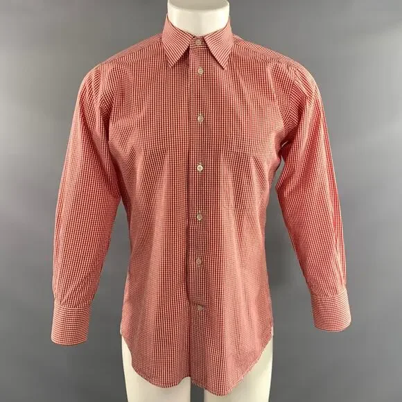 BRULI Size M Red White Gingham Cotton Pointed Collar Long Sleeve Shirt