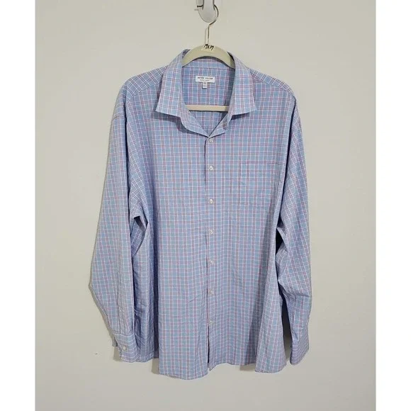 Peter Millar Summer Comfort Men's Size XXL Long Sleeve Button Up Blue Pink Plaid