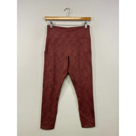 Zyia Active Textured Checkerboard High Rise Womens 6-8 Burgundy Pocket Leggings