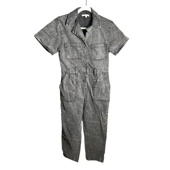Skies Are Blue Small Washed Black Denim Pleated Boilersuit Short Sleeve‎ Stretch