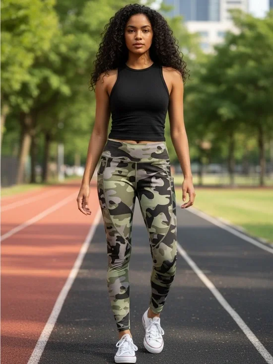 ZYIA Active Green Camo Pocket Leggings Size 8-10 Medium