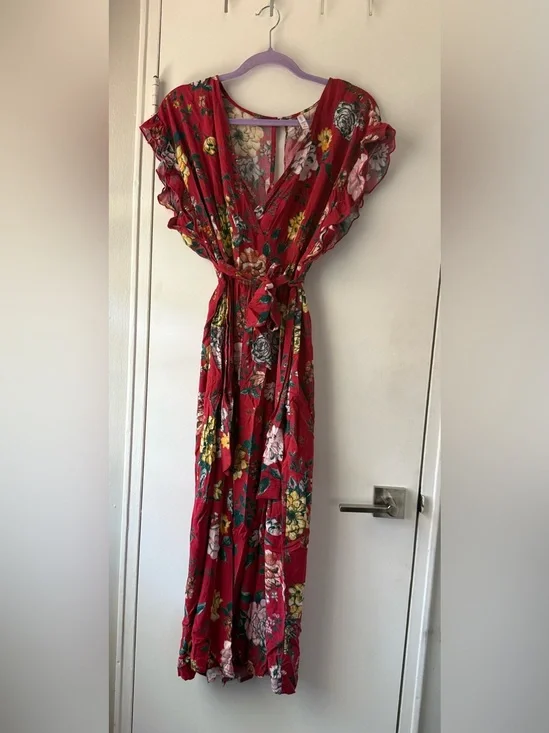 Xhilaration Floral Wide Leg Jumpsuit Red Wrap Tie Waist Medium Tropical Y2K