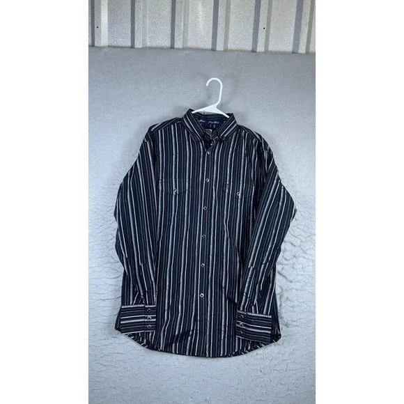Wrangler George Strait Shirt Mens Medium Black Excellent Pearl Snap Striped L/S