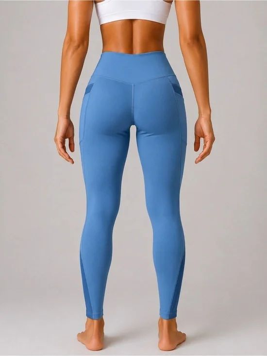 High-Waist Blue Performance Leggings with Pockets