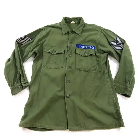 Vietnam Era Cotton Sateen Shirt USAF OD Green Button Up 16.5 x 34 1960s