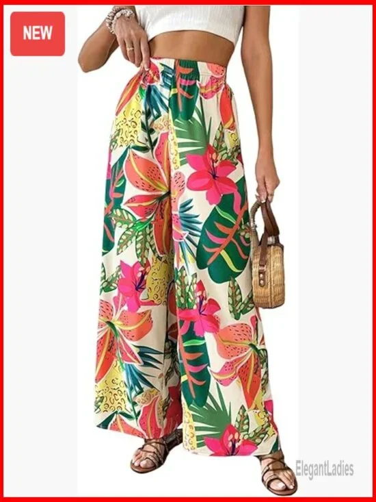 Tropical Floral Print Elastic Waist Wide Leg Palazzo Pants