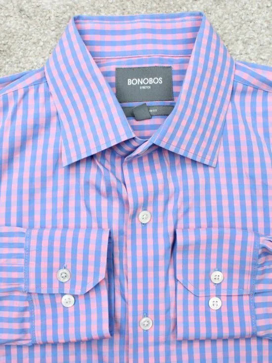 Bonobos Shirt Mens 17, 34 Pink/Blue Check Tailored Slim Fit Long Sleeve Button
