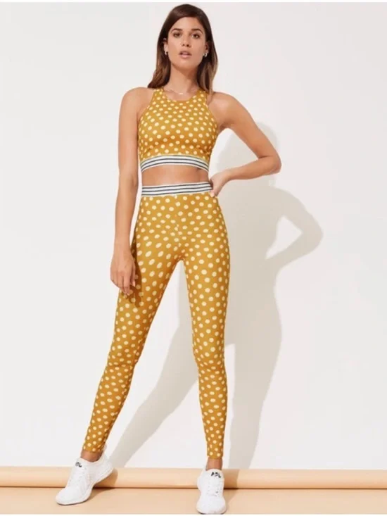 Same Los Angeles Sport Yellow Polka Dot Leggings Sports Bra Set Size Small/ Med