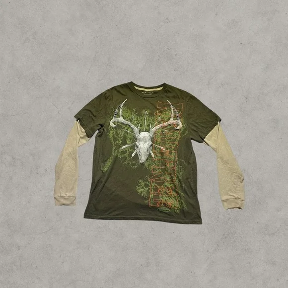 Realtree Mens Large Graphic Long Sleeve Shirt Deer Skull Antler Olive Green Tee
