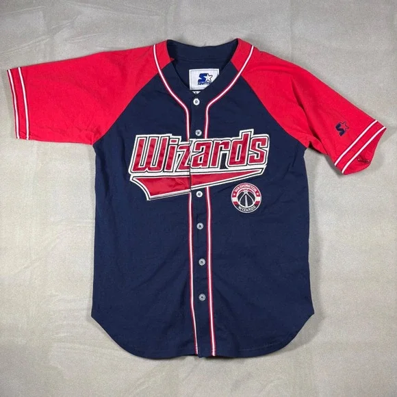 Starter Washington Wizards Baseball Jersey Mens Small Navy Red Button Up NBA