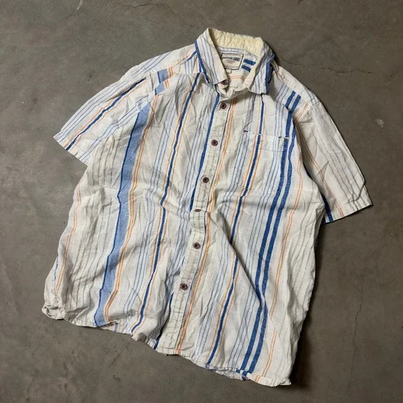 Vintage American Canvas Button Down Shirt Men Large White Blue Striped 90s Retro
